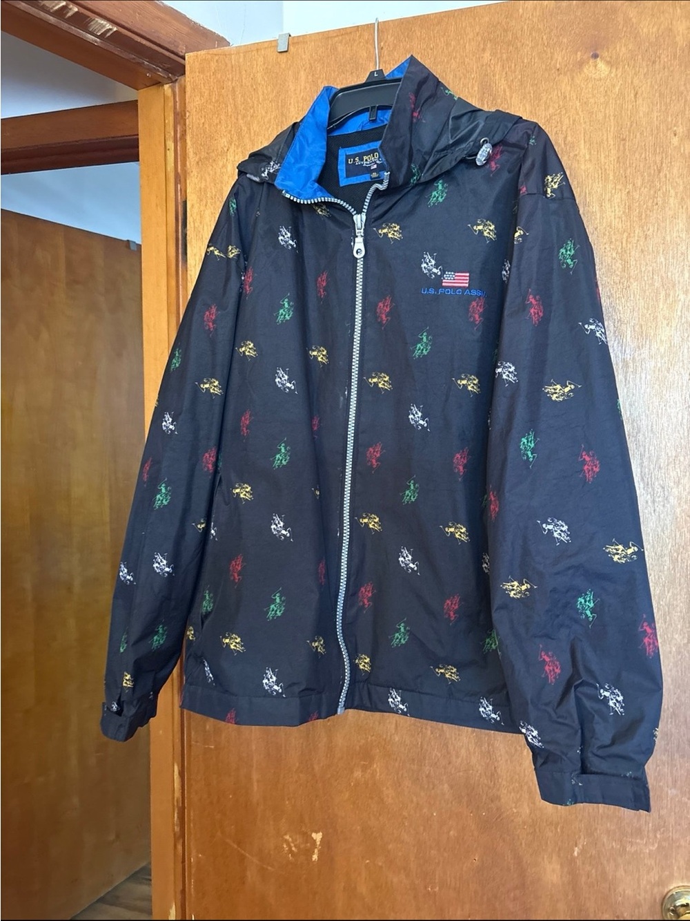 U.S. Polo Assn. Men Black Windbreaker Jacket with Multicolor Logo Print